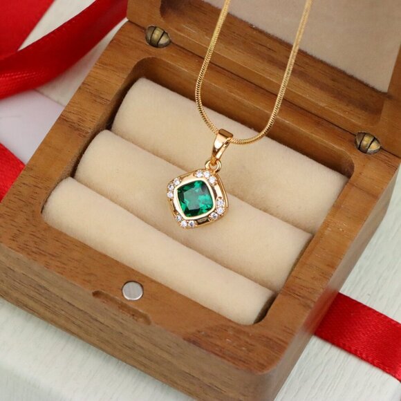 "Green Cushion Stone Pendant in Gold Plated Brass with Crystal Halo, XPPT1768 - Picture 8 of 14